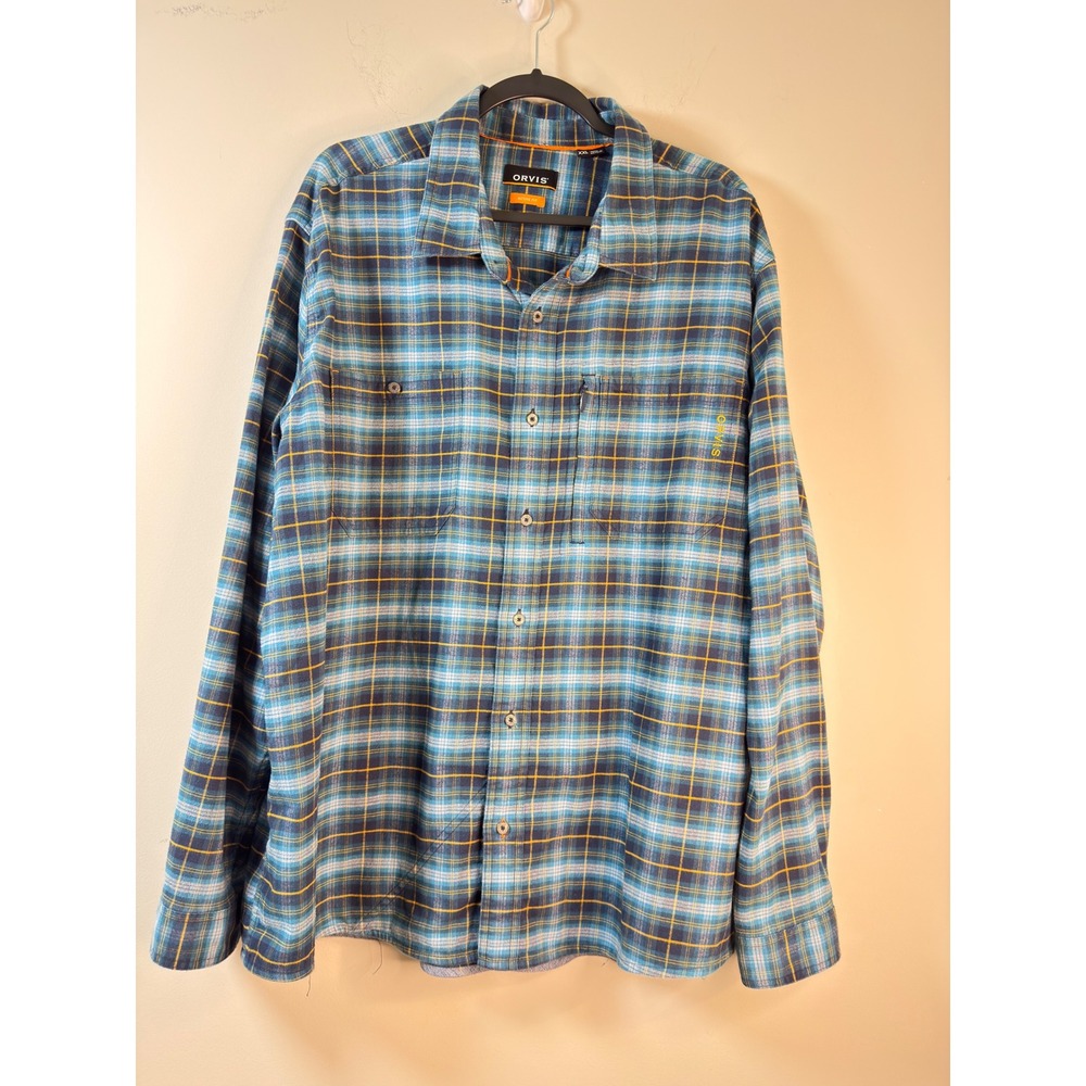 Orvis Button Down Shirt Blue Yellow Plaid Active Fit Stretch Mens XXL